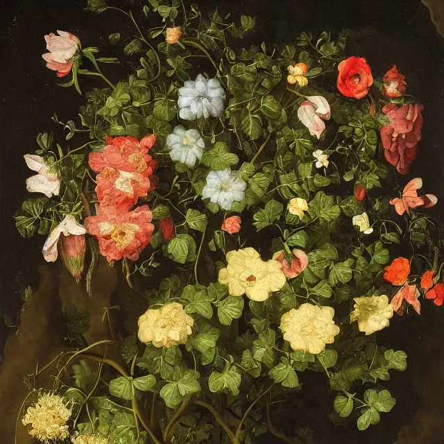 Prompt: flowers and ivy in a garden at night, a flemish baroque painting by jan van kessel the younger, black background, intricate high detail masterpiece