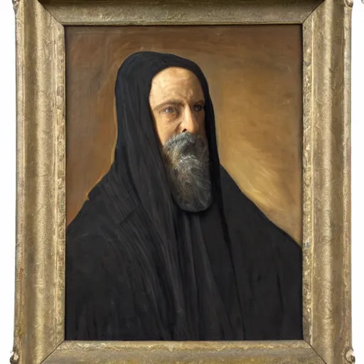 Image similar to a man wearing a long cloak and hood, oil painting, portrait, high detail