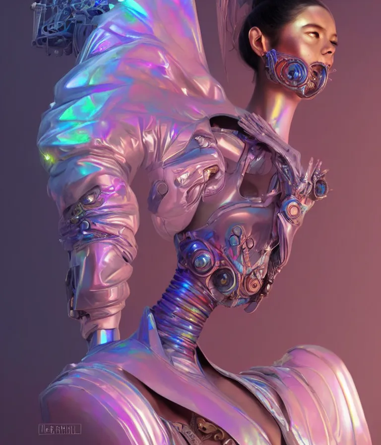 Image similar to iridescent portrait of a beautiful princess in robe. hard surface modelling. cyberpunk look. biomechanical mask. bio luminescent biomechanical halo around head. artwork by jarold Sng by artgerm, by Eddie Mendoza, by Peter mohrbacher by tooth wu, unreal engine, octane render, cinematic light, high details, iridescent colors, dichroic, macro, 4l