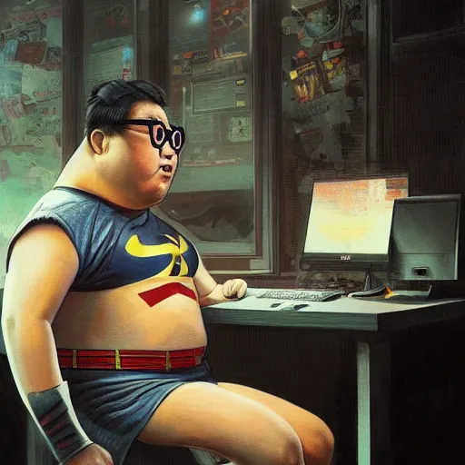 Image similar to an insanely detailed painting of a chubby nerdy asian man wearing a homemade superhero costume and mask, sitting at a computer desk typing on the keyboard, in the style of peter mohrbacher, dramatic lighting and composition, trending on artstation, concept art, comic book, graphic novel, back view