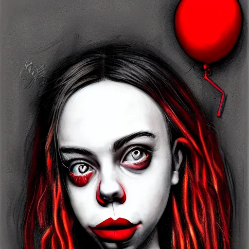 Image similar to surrealism grunge cartoon portrait sketch of billie eilish with a wide smile and a red balloon by - michael karcz, loony toons style, pennywise style, horror style, detailed, elegant, intricate