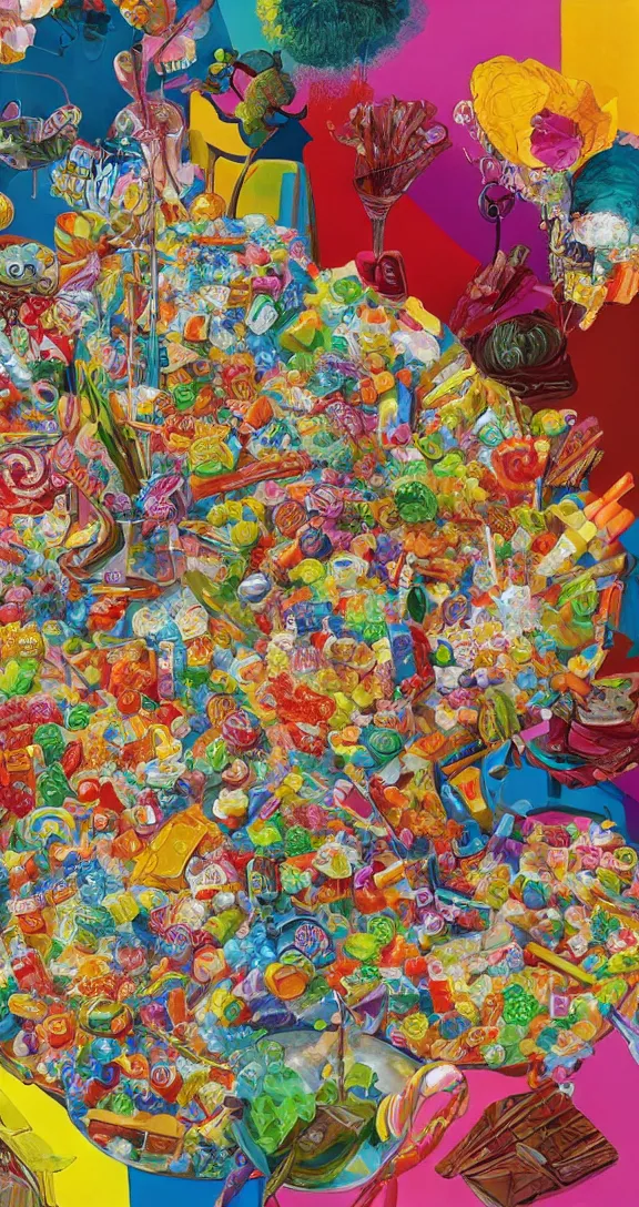 Prompt: A table full of candy, aerial view, maximalism, photorealistic, vibrant colors, optimistic colors, vivid, fun, by Dave McKean