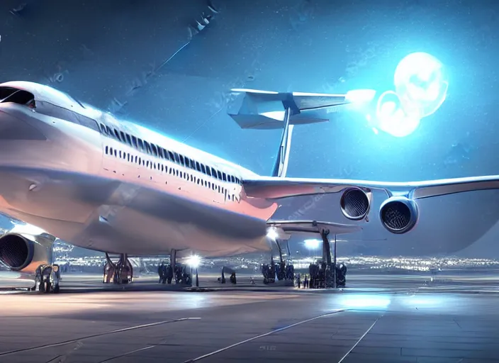 Image similar to immense futuristic jet plane arrives at runway of cyberpunk airport at night ,cinematic lighting, concept art