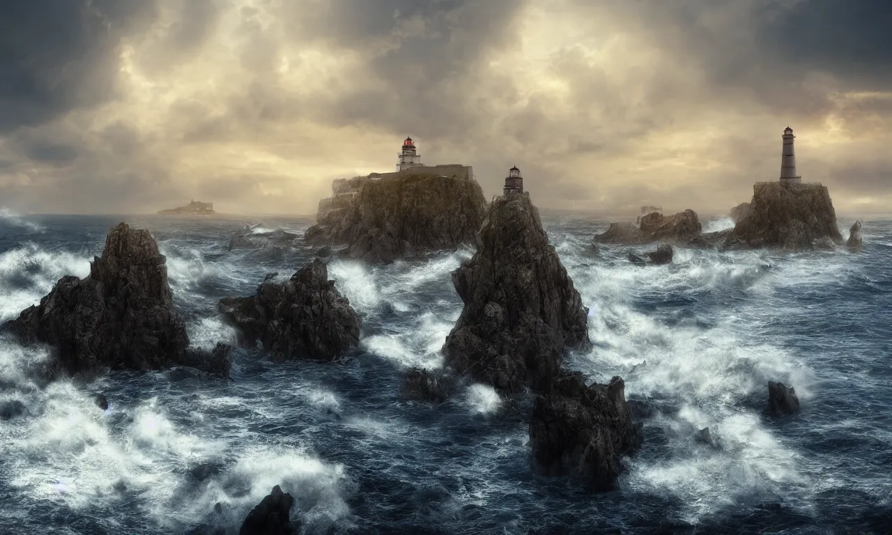 Prompt: Three lighthouses on dramatic rocky cliffs, large waves hitting the cliffs, small nordic mythical town in the background, dark stormy clouds, dawn, fantasy, cinematic, dramatic lighting, photorealistic, unreal engine, artstation, detailed, 4k