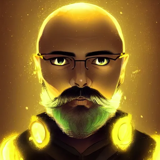 Image similar to a bearded, bald man using yellow magic, digital art, trending on pixiv, mage, detailed, ultra hd