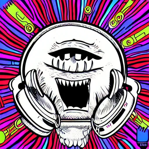 Image similar to artgerm, psychedelic laughing demon, rocking out, headphones dj rave, digital artwork, r. crumb, svg vector