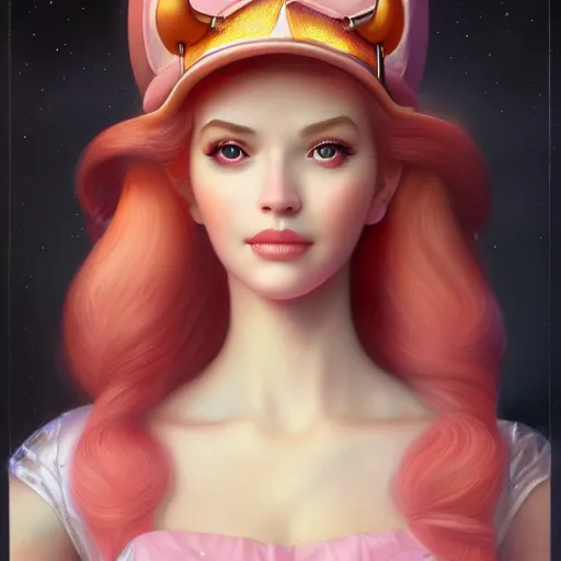 Image similar to a beautiful portrait of princess peach by Jim Burns and Tom Bagshaw, 4K, Trending on Artstation, photorealistic