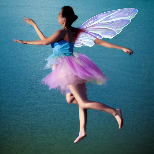 Image similar to flying fairy with wings timidly tipping toe into the center of a lake