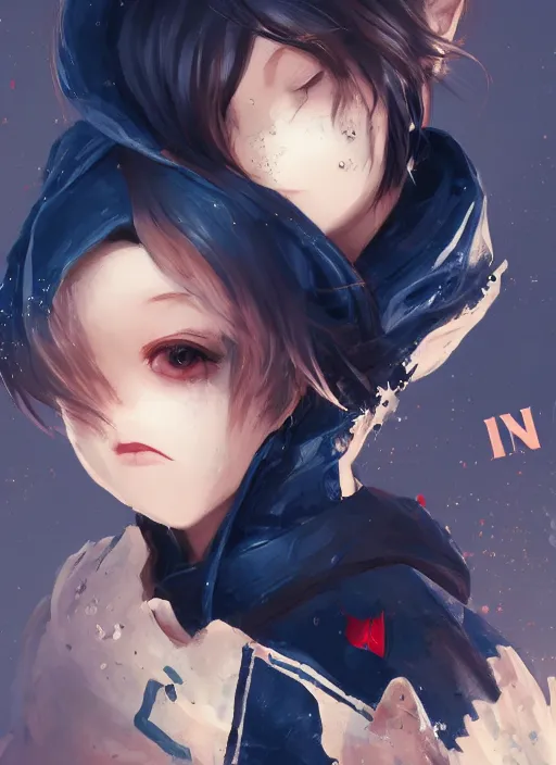 Image similar to a highly detailed illustration of black short hair cute japanese girl wearing blood stained navy hoodie with the word nevada on it, dramatic smile pose, intricate, elegant, highly detailed, centered, digital painting, artstation, concept art, smooth, sharp focus, league of legends concept art, WLOP