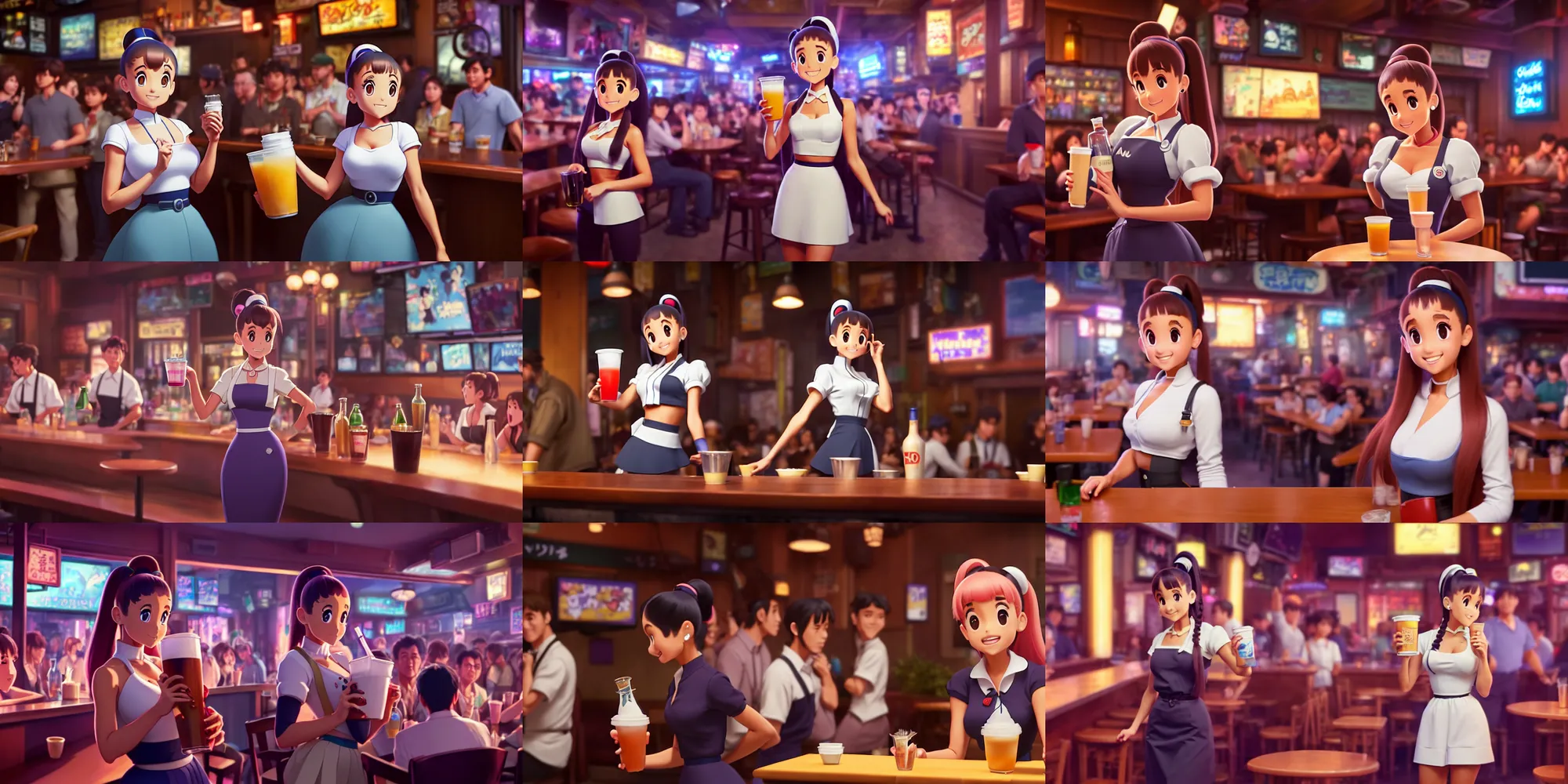 Image similar to a wholesome animation key shot of ariana grande as a waitress carrying drinks in a crowded downtown bar, medium shot, waist up, studio ghibli, pixar and disney animation, sharp, rendered in unreal engine 5, anime key art by greg rutkowski, bloom, dramatic lighting