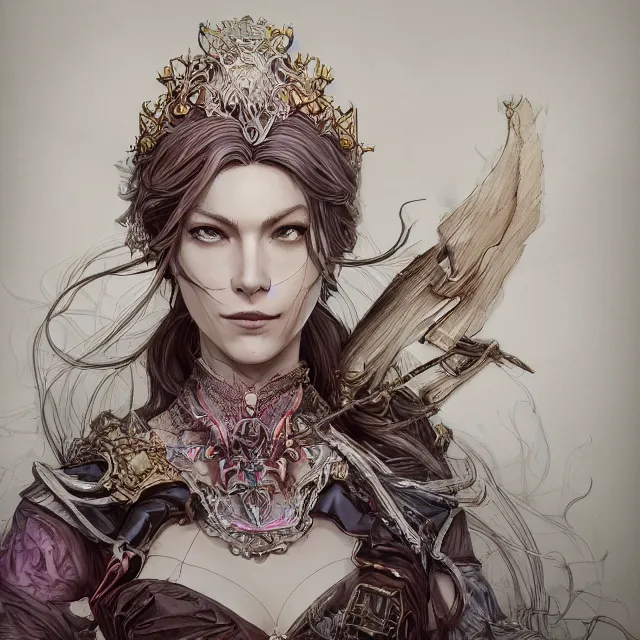 Image similar to the portrait of the lawful evil sorceress lawyer as an absurdly beautiful, graceful, elegant, sophisticated, woman, an ultrafine hyperdetailed illustration by kim jung gi, irakli nadar, intricate linework, bright colors, octopath traveler, final fantasy, unreal engine 5 highly rendered, global illumination, radiant light, detailed and intricate environment