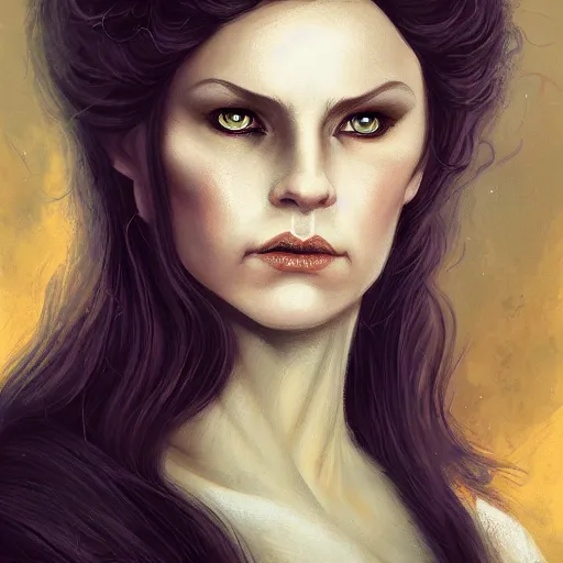 Image similar to a detailed matte head - on portrait painting of an middle - aged half - tiefling noblewoman with golden eyes and short well kept hair, by charlie bowater, lise deharme, wlop, tending on arstation, dungeons and dragon, dnd, pathfinder, fanart, oil on canvas