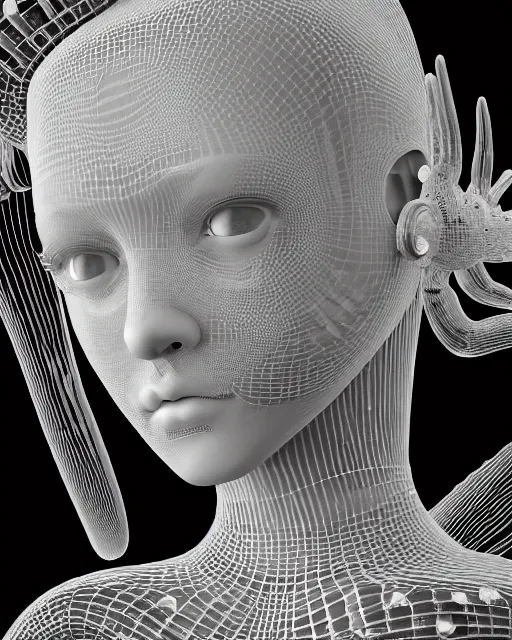 Image similar to mythical dreamy black and white organic translucent bio-mechanical spinal ribbed profile face portrait detail of mechanical beautiful female angelic-human-queen-realistic-doll-cyborg, highly detailed, intricate crystal jelly steampunk ornate, poetic, 3D render, digital art, octane render, 8K artistic photography, photo-realistic, by Dora Maar