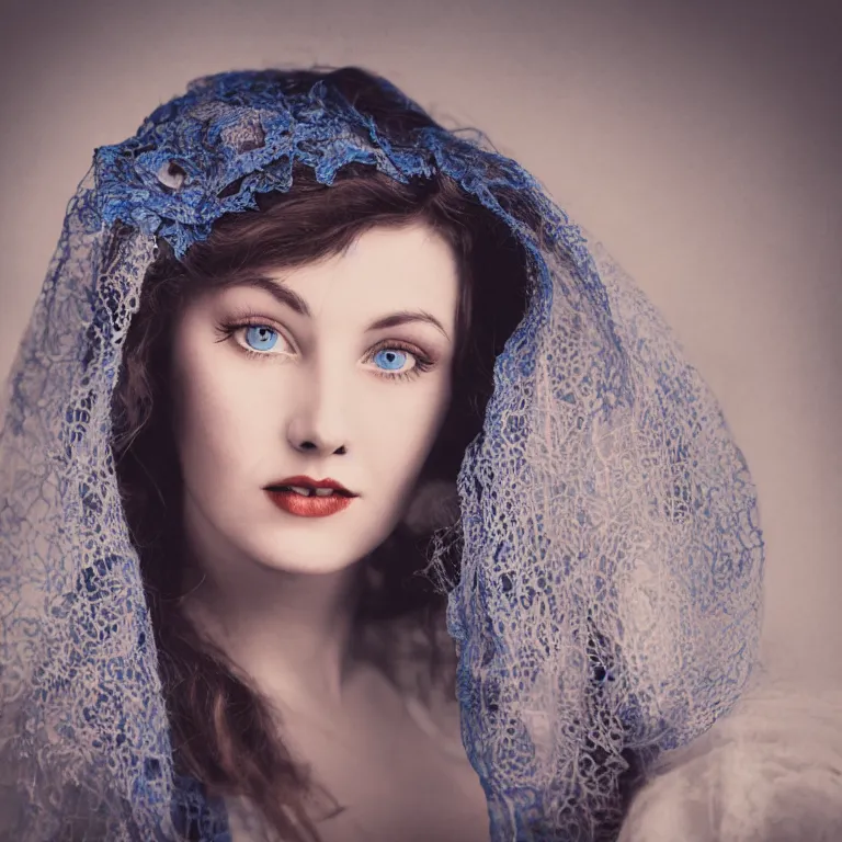 Prompt: Detailed closeup vintage photo of a female model with beautiful blue eyes, studio lighting, portrait