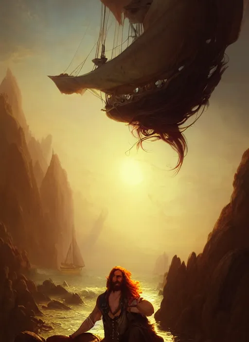 Prompt: portrait painting of a handsome rugged long hair crimson hair male pirate, soft hair steampunk zeppelin in the sky sunset golden hour art by raphael lacoste and stephan martiniere greg rutkowski gaston bussiere fantasy soft hair trending on artstation deviantart book cover art concept art key art dramatic volumetric lighting, 4 k, award winning