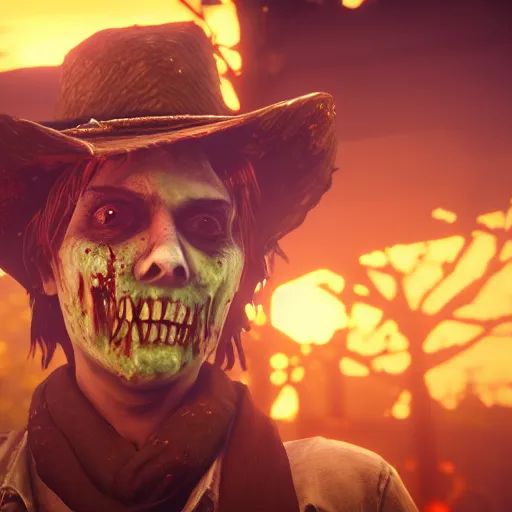 Image similar to zombie, bokeh dof, professional, dreamy, cute, 4 k, sunset, award winning, cute, disgusting, funny, sad, upset, jambalaya, red dead redemption 2