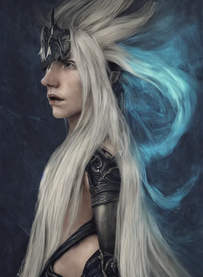 Image similar to a half portrait of a young sorceress wearing an azure leather dress from skyrim, platinum hair, fantasy setting, beautiful face, dark colors, scary lighting, atmospheric, cinematic, moody, in the style of diego koi, gina heyer, luiz escanuela, art by alyssa monk, hyperrealism, rule of thirds, golden ratio, oil on canvas, 8 k