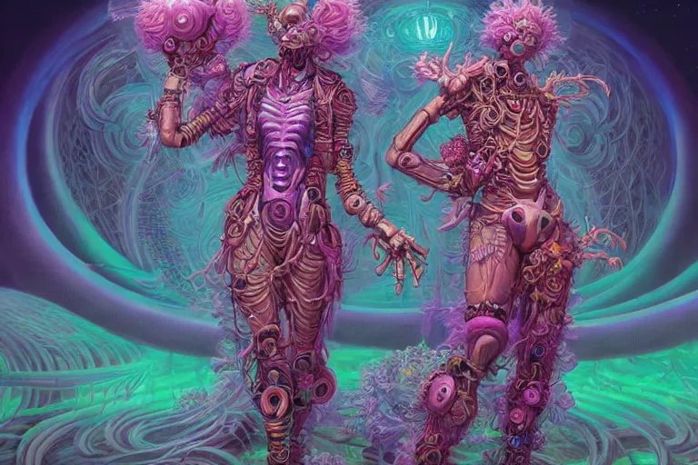 Prompt: a vaporwave biomechanical druid of creativity, beautiful character fashion design, by josan gonzalez and paul lehr and david heskin and seb mckinnon and jared s. merantz and alex grey, hi - fructose, 8 k, digital matte painting