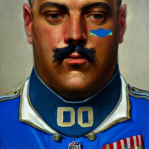 Image similar to facial portrait of nfl detroit lions dictator, military uniform, blue and silver, 1 8 3 4, oil on canvas by william sidney mount, trending on artstation