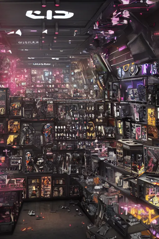 Image similar to Cybertron, inside of a Hot Topic store for goth Decepticons, cinematography by Wes Anderson, 4k octane render, photorealistic , cinematic lighting, Artstation