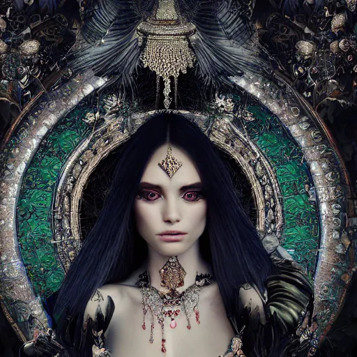 Prompt: woman mysterious oracle, incredible detailed, octane render, insanely ornamented with baroque silver decorations, embers, black feathers ornaments, fairy tale atmosphere, fashion vogue photo, cold colour scheme