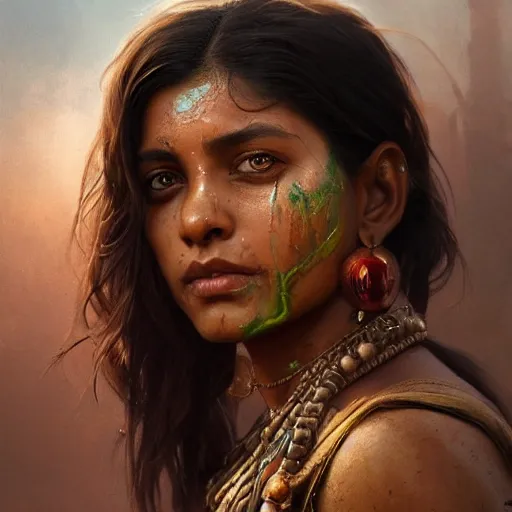 Prompt: portrait painting of a muscular bloodied indian girl thick, ultra realistic, concept art, intricate details, eerie, highly detailed, photorealistic, octane render, 8 k, unreal engine. art by artgerm and greg rutkowski and alphonse mucha