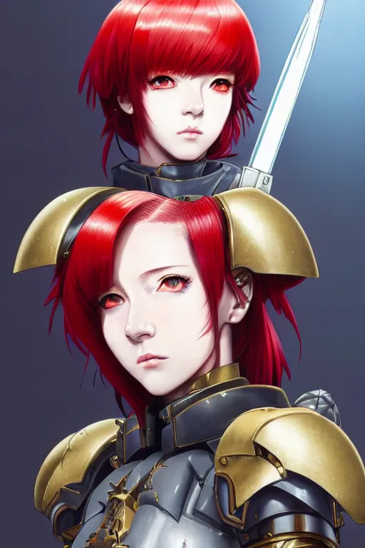 Image similar to portrait of Anime sister of battle, Warhammer 40000, cute-fine-face, red-short-hair pretty face, realistic shaded Perfect face, fine details. Anime. realistic shaded lighting by Ilya Kuvshinov katsuhiro otomo ghost-in-the-shell, magali villeneuve, artgerm, rutkowski, WLOP Jeremy Lipkin and Giuseppe Dangelico Pino and Michael Garmash and Rob Rey