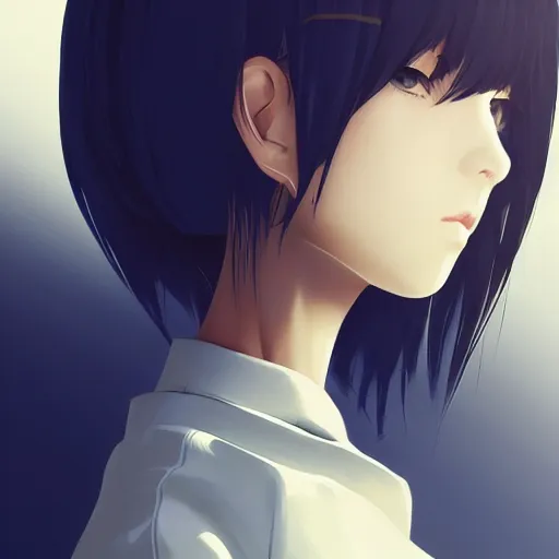 Image similar to shirt art, logo graphic design, frame around pciture, manga style, realistic lighting, futuristic solid colors, made by ilya kuvshinov, sold on sukebannyc, from arknights, side portrait of a girl, elegant, shoulder eyes, jpop clothing, sneaker shoes, simple background
