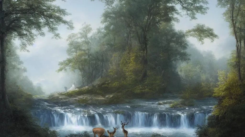 Prompt: the most beautiful panoramic landscape, oil painting, where a giant dreamy waterfall creates a river, the trees around are starting to bloom in a great variety of colors, a majestic deer is drinking water from the river and a ray light of the sunrise is brightening him, there is fog by greg rutkowski