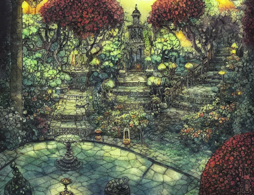 Prompt: lovecraftian persian palace garden. this watercolor painting by the award - winning mangaka has dramatic lighting, an interesting color scheme, a sense of depth.