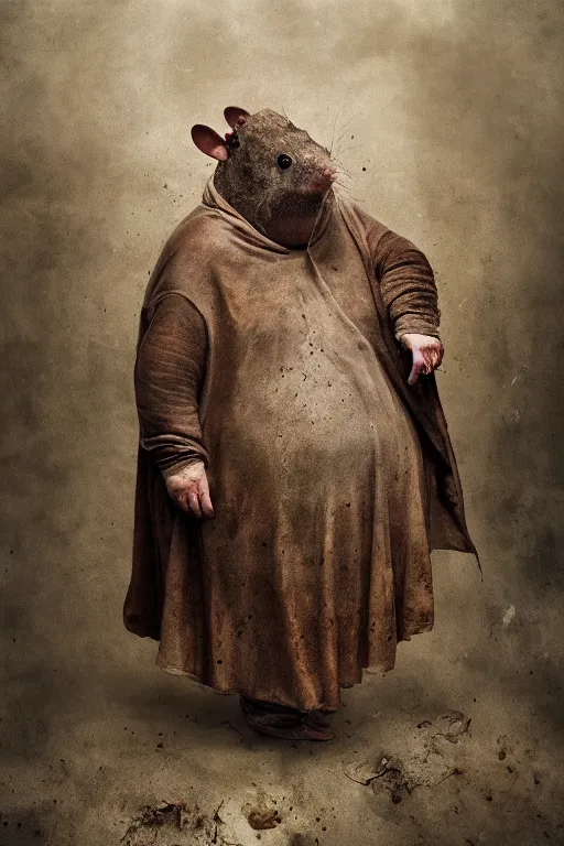 Image similar to a obese gray sniveling rat person wearing a decaying brown cloak, color painting by michal karcz