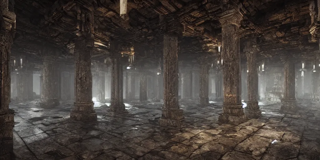 Image similar to ruins of a fantasy dwarven hall interior in an obsidian cavern, very tall columns, wet floors, high ceiling, dark moody lighting, foggy atmosphere, bright colors, matte painting by Dylan Cole and Denis Villeneuve, low angle view, Arnold rendering