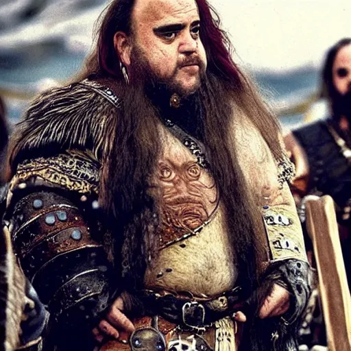Prompt: Danny DeVito dressed as a viking jarl, standing at the helm of a longship