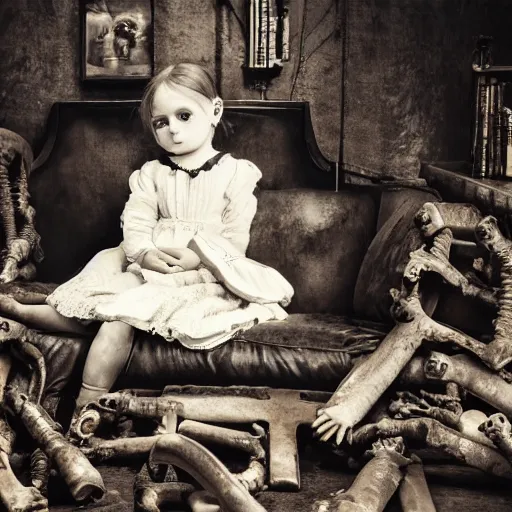Image similar to a photo of young sad victorian gothic child with big eyes and wide grin sitting on a sofa of bones surrounded by a cyber futuristic cityscape made of human body parts, lighting, 5 0 mm, award winning photography