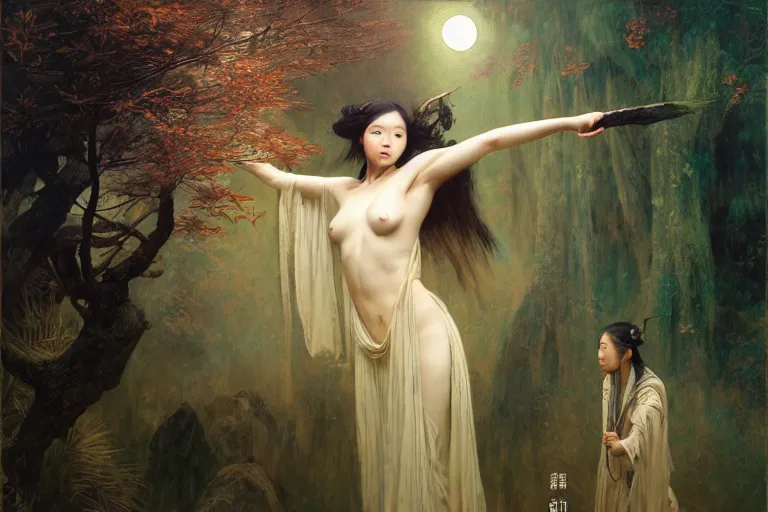 Image similar to wuxia, forest, moonlight, painting by gaston bussiere, craig mullins, j. c. leyendecker, artgerm, agostino arrivabene, vanessa beecroft, ankazhuravleva