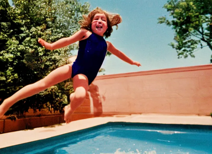 Prompt: color photo of a girl jumping down in a pool in the 8 0's