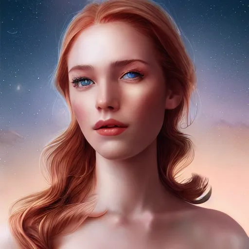 Image similar to a gorgeous female photo, professionally retouched, soft lighting, wearing sundress, illuminated by moonlight realistic, smooth face, redhead goddess, perfect eyes, wide angle, sharp focus on eyes, 8 k high definition, insanely detailed, intricate, elegant, art by artgerm and wlop