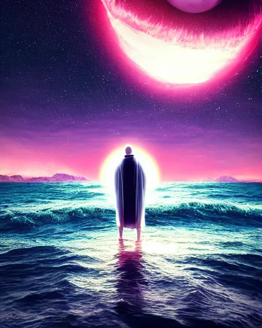 Image similar to a person wearing a white cloak that's blowing in the wind. they are standing in the water. a large planet with rings is visible in the sky. an album cover by stanley twardowicz, trending on cg society, retrofuturism, retrowave, chillwave, synthwave