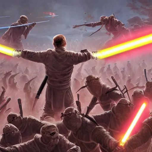 Prompt: an army of jedi fighting off an army of giant ants, hyper realistic, realism, hyper detailed, highly detailed, award-winning art, digital art