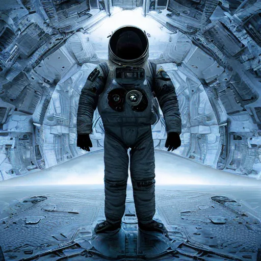 Prompt: concept art by craig mullins astronaut in futuristic dark and empty spaceship in infrared complex and hyperdetailed technical suit. mandelbulb fractal. reflection and dispersion materials. rays and dispersion of light. volumetric light. 5 0 mm, f / 3 2. noise film photo. flash photography. unreal engine 4, octane render. interstellar movie art