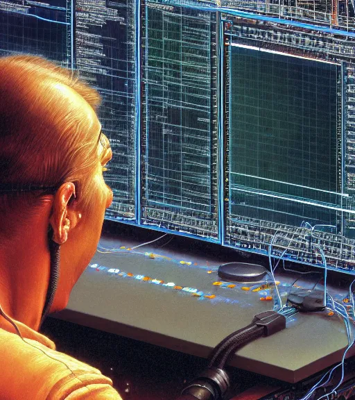 Prompt: photo of a programmer in the web straight wires and connected rectangles at the big monitor, gray gamma, gray wires, mid shot, norman rockwell, tim hildebrandt, viktor safonkin, dariusz zawadzki, bruce pennington, larry elmore, intricate details, hyperrealistic oil painting on canvas, deep depth field