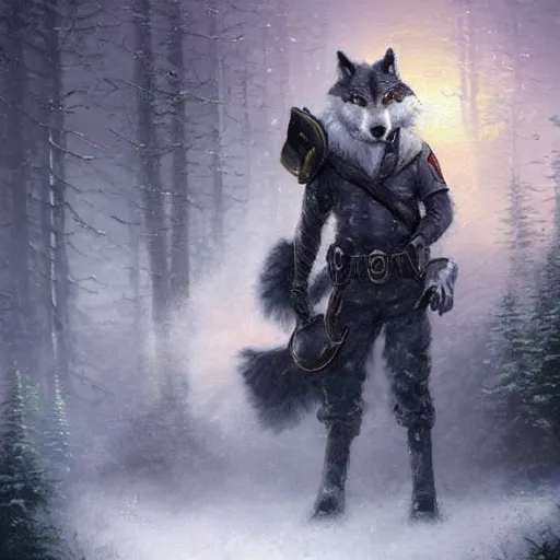 Prompt: furry anthropomorphic wolf police officer with white fur renowned character illustration by greg rutkowski thomas kinkade masterpiece
