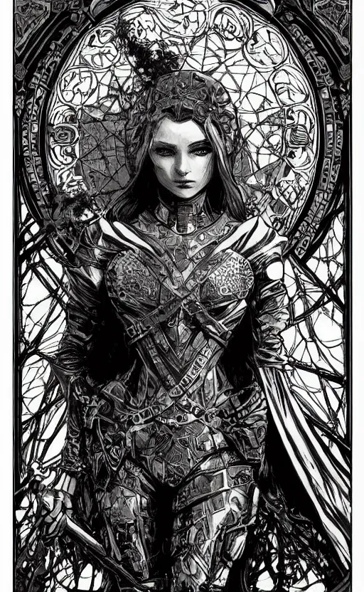 Prompt: armored woman in medieval setting fantasy style, intricate design, detailed, digital art, dark and gritty style, drawn by alphonse mucha