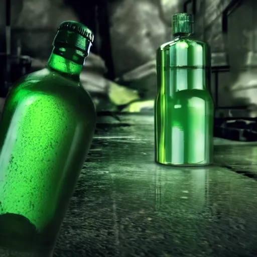 Image similar to film still of an action movie about a green bottle