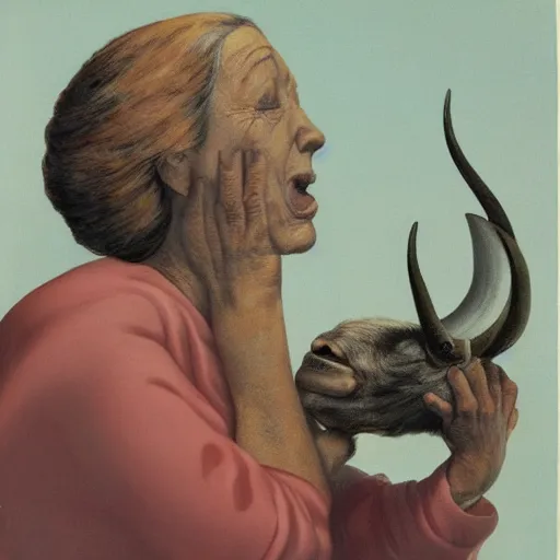 Image similar to a surrealist image of an old woman swallowing a whole goat