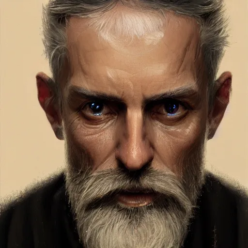 Prompt: An oil painting of a man dressed in priest robes, 50 years old, chad jaw line, short grey hair, trimmed beard, sharp facial features, beautiful, highly detailed, by Cédric Peyravernay, trending on artstation