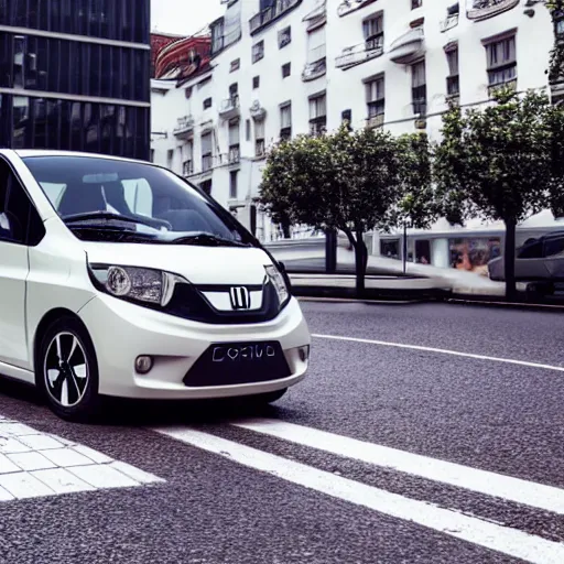 Image similar to compact honda car parked in a european city in manga style