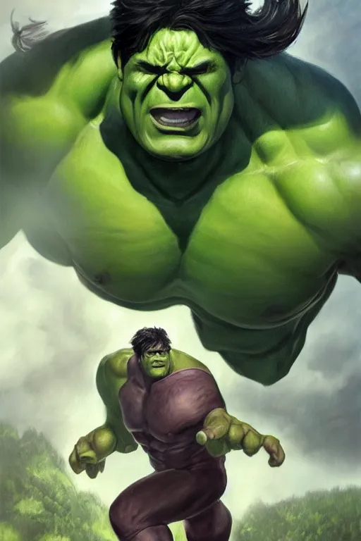 Prompt: a full body high detail fantasy portrait oil painting illustration of hulk by justin sweet with face and body clearly visible, in a scenic background, pretty eyes, realistic proportions, d & d, rpg, forgotten realms, artstation trending, high quality, sombre mood, artstation trending, muted colours, entire person visible!