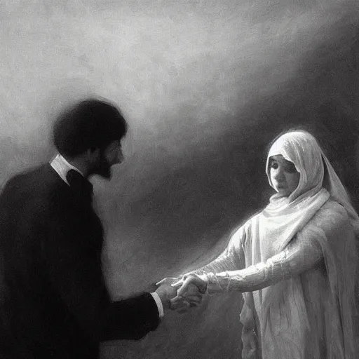 Image similar to Shaking hands, vertical symmetry, close up shot, detailed hands, beautiful moody artwork by Ilya Repin and Asher Duran