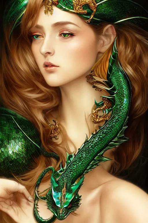 Image similar to a seductive beautiful lithuanian woman with a perfect anime face!!! shiny green iridescent dragon scale skin, serpentine features, bust portrait, gold jewelry, dnd, face, fantasy, intricate, elegant, highly detailed, digital painting, artstation, concept art, smooth, sharp focus, illustration, art by artgerm and greg rutkowski and alphonse mucha